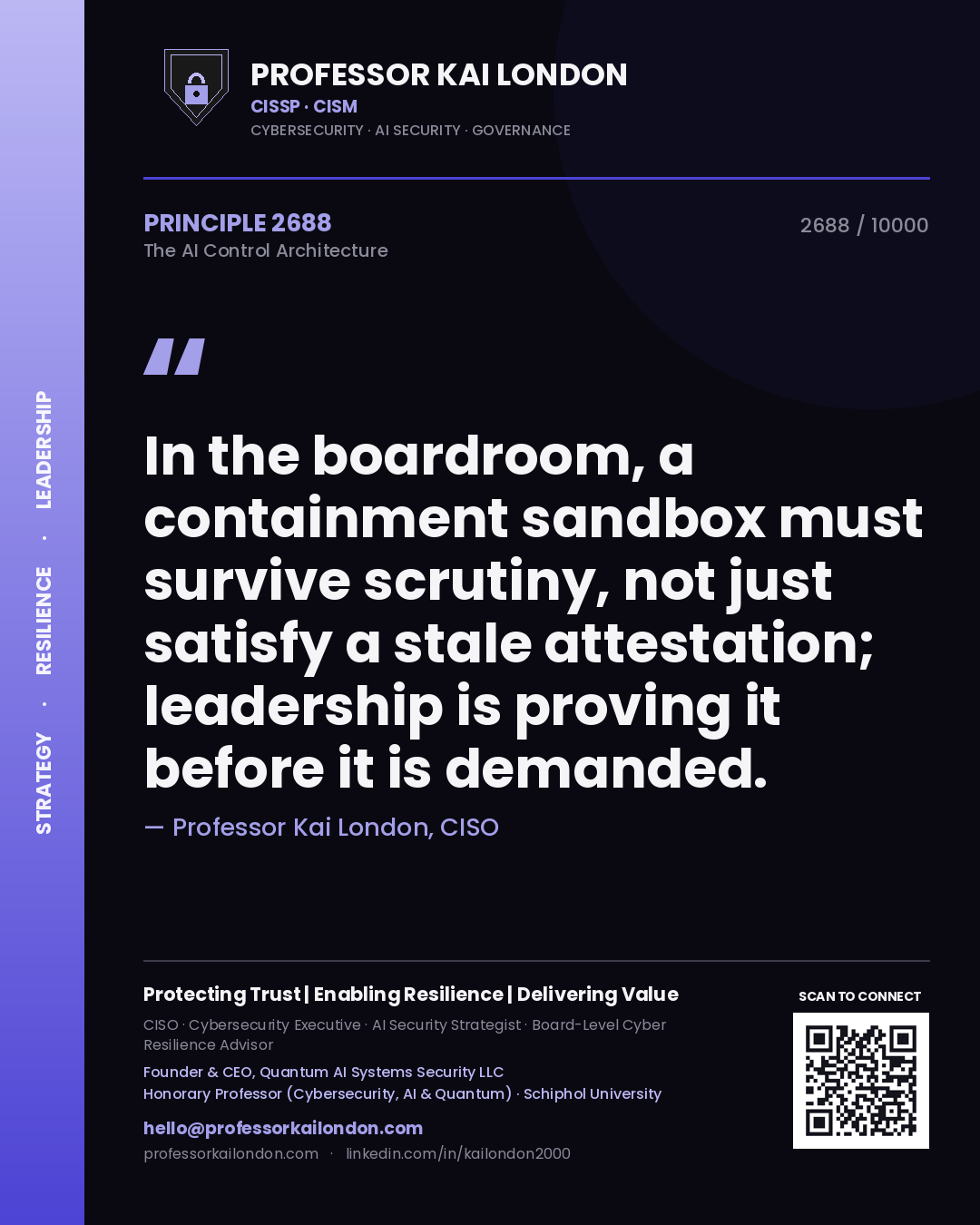 Professor Kai London principle 2688: In the boardroom, a containment sandbox must survive scrutiny, not just satisfy a stale attestation; leadership is proving it before it is demanded.