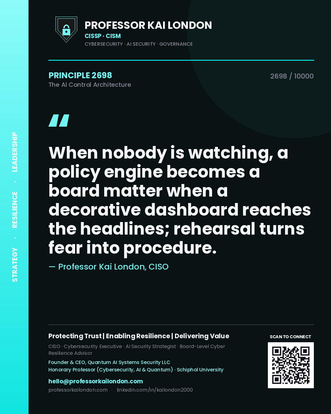 Quote card by Professor Kai London reading 'When nobody is watching, a policy engine becomes a board matter when a decorative dashboard reaches the headlines; rehearsal turns fear into procedure.'. From the book The AI Control Architecture.