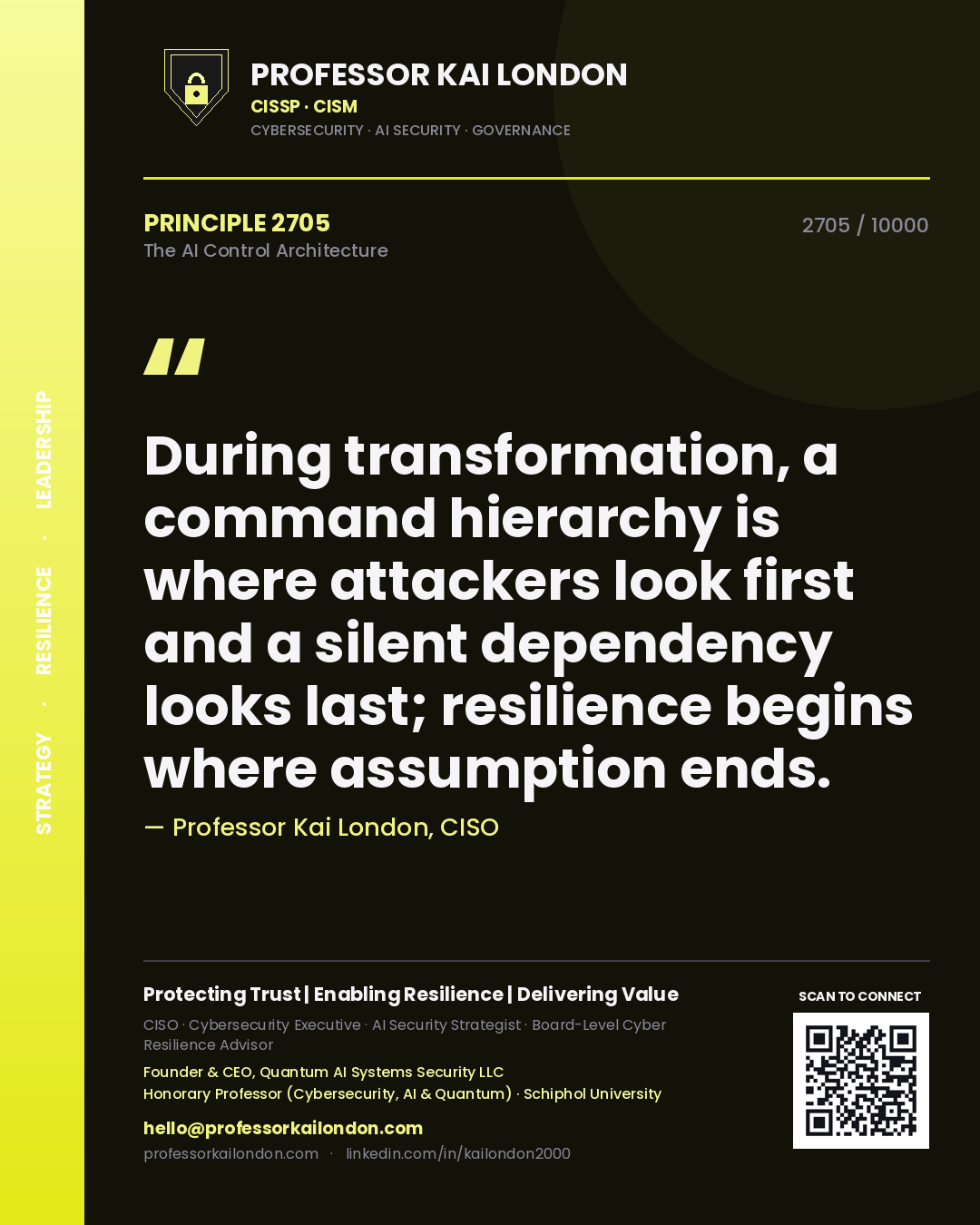 Quote card by Professor Kai London reading 'During transformation, a command hierarchy is where attackers look first and a silent dependency looks last; resilience begins where assumption ends.'. From the book The AI Control Architecture.