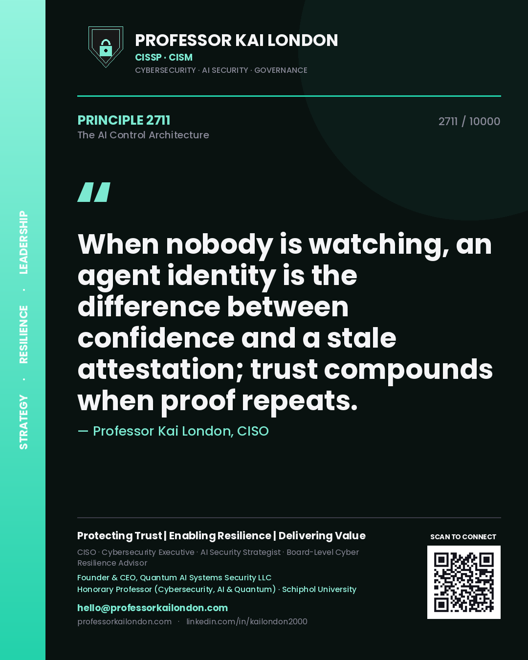 Quote card by Professor Kai London reading 'When nobody is watching, an agent identity is the difference between confidence and a stale attestation; trust compounds when proof repeats.'. From the book The AI Control Architecture.
