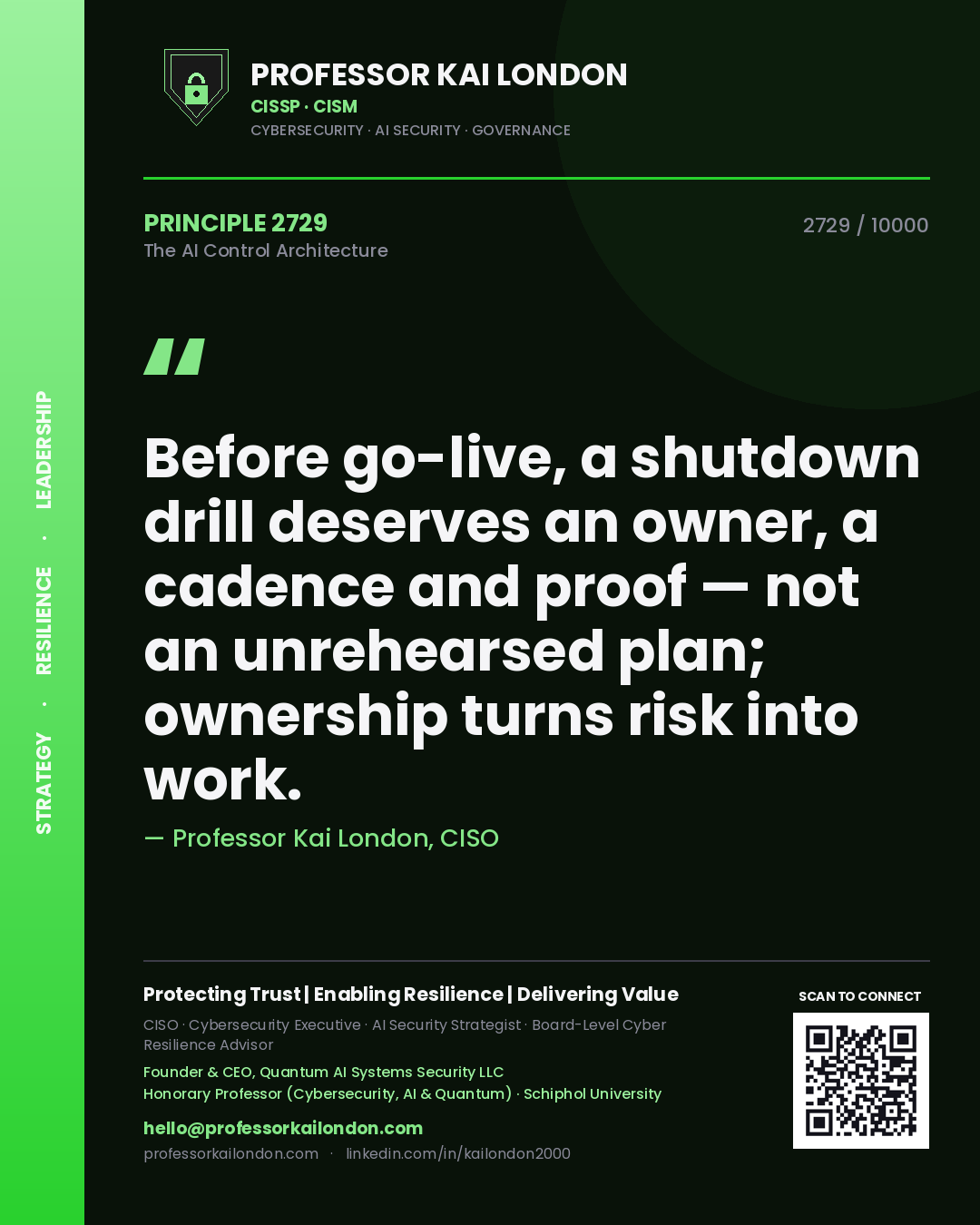 Quote card by Professor Kai London reading 'Before go-live, a shutdown drill deserves an owner, a cadence and proof — not an unrehearsed plan; ownership turns risk into work.'. From the book The AI Control Architecture.