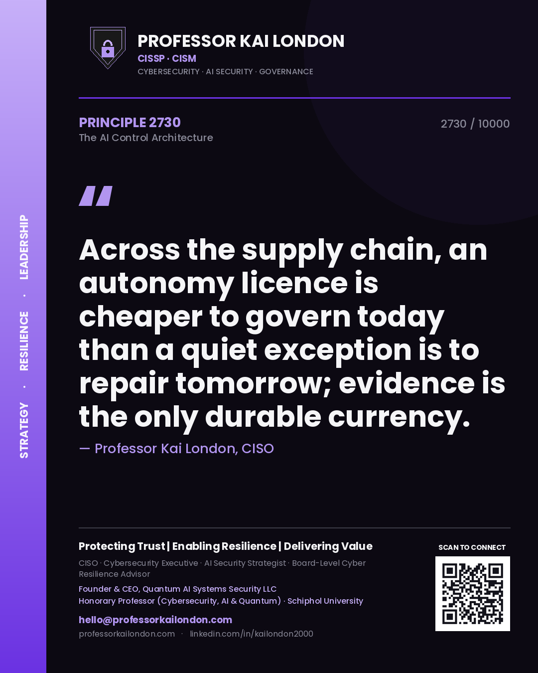 Quote card by Professor Kai London reading 'Across the supply chain, an autonomy licence is cheaper to govern today than a quiet exception is to repair tomorrow; evidence is the only durable currency.'. From the book The AI Control Architecture.