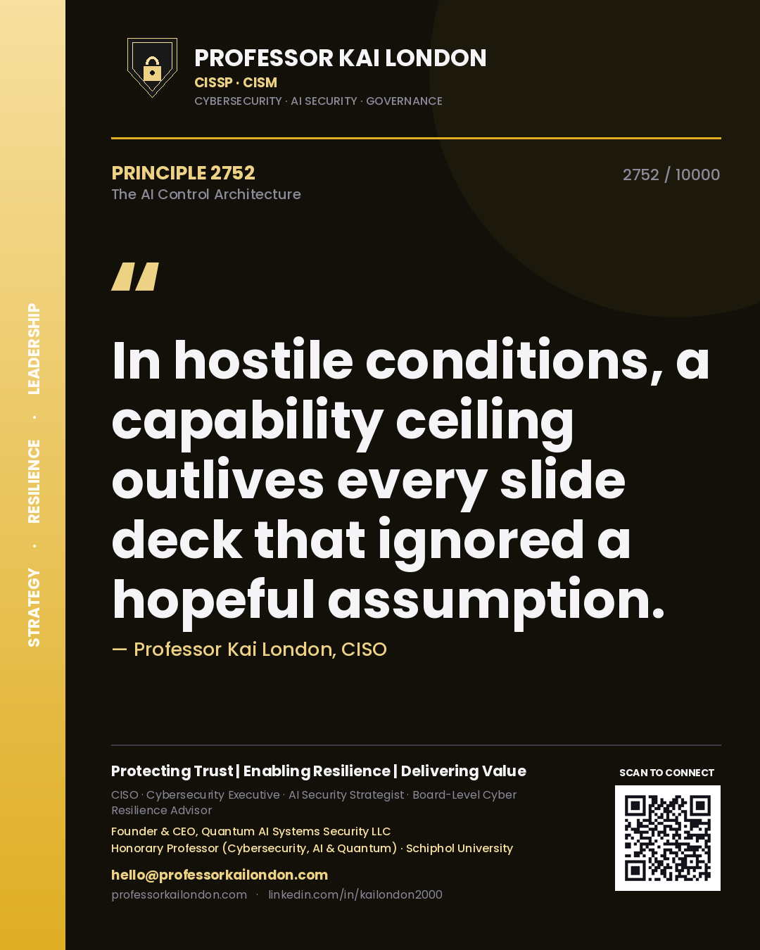 Quote card by Professor Kai London reading 'In hostile conditions, a capability ceiling outlives every slide deck that ignored a hopeful assumption.'. From the book The AI Control Architecture.