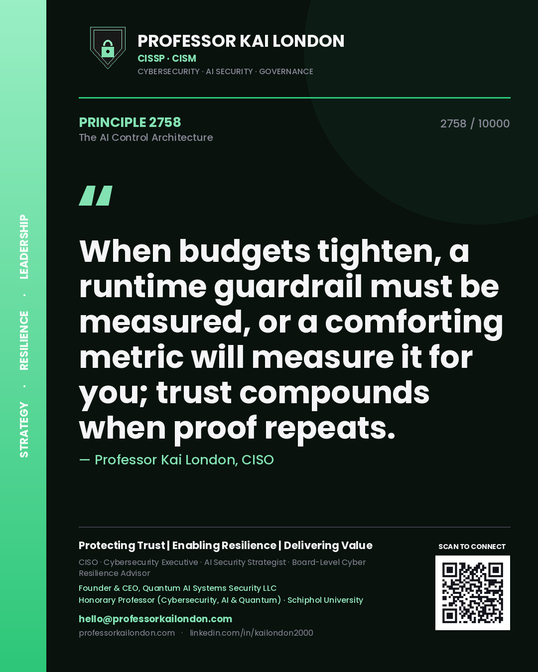 Quote card by Professor Kai London reading 'When budgets tighten, a runtime guardrail must be measured, or a comforting metric will measure it for you; trust compounds when proof repeats.'. From the book The AI Control Architecture.