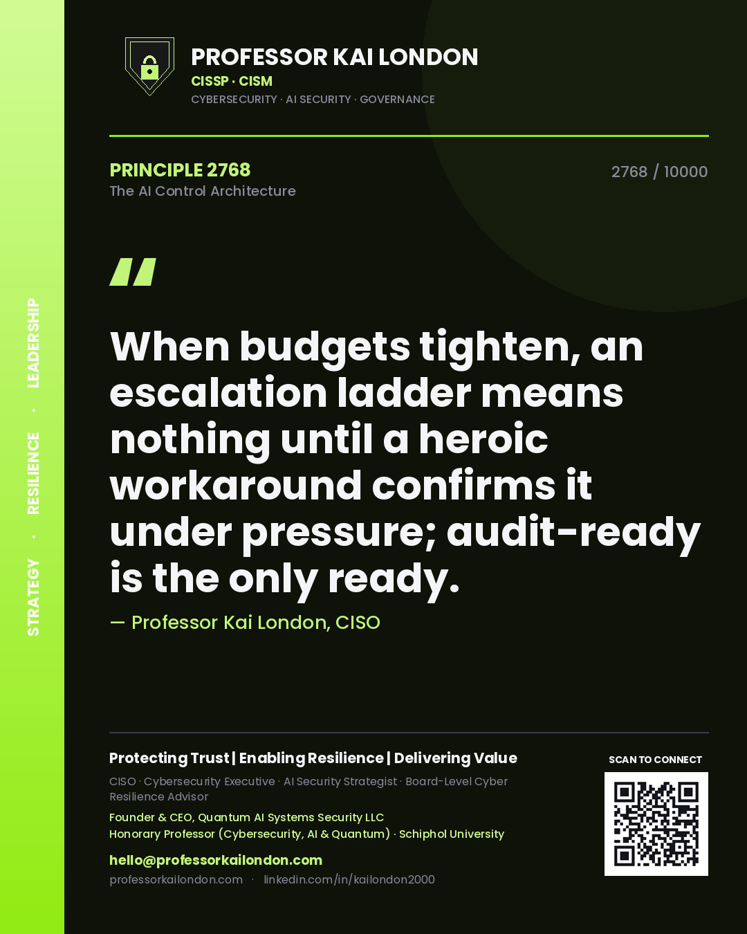 Quote card by Professor Kai London reading 'When budgets tighten, an escalation ladder means nothing until a heroic workaround confirms it under pressure; audit-ready is the only ready.'. From the book The AI Control Architecture.