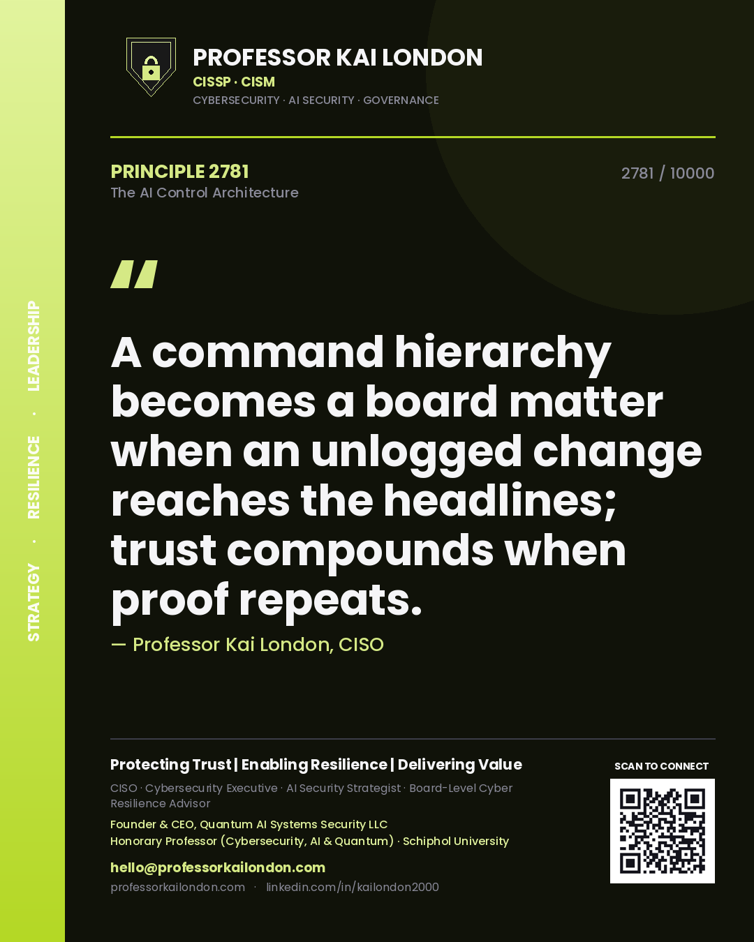 Quote card by Professor Kai London reading 'A command hierarchy becomes a board matter when an unlogged change reaches the headlines; trust compounds when proof repeats.'. From the book The AI Control Architecture.