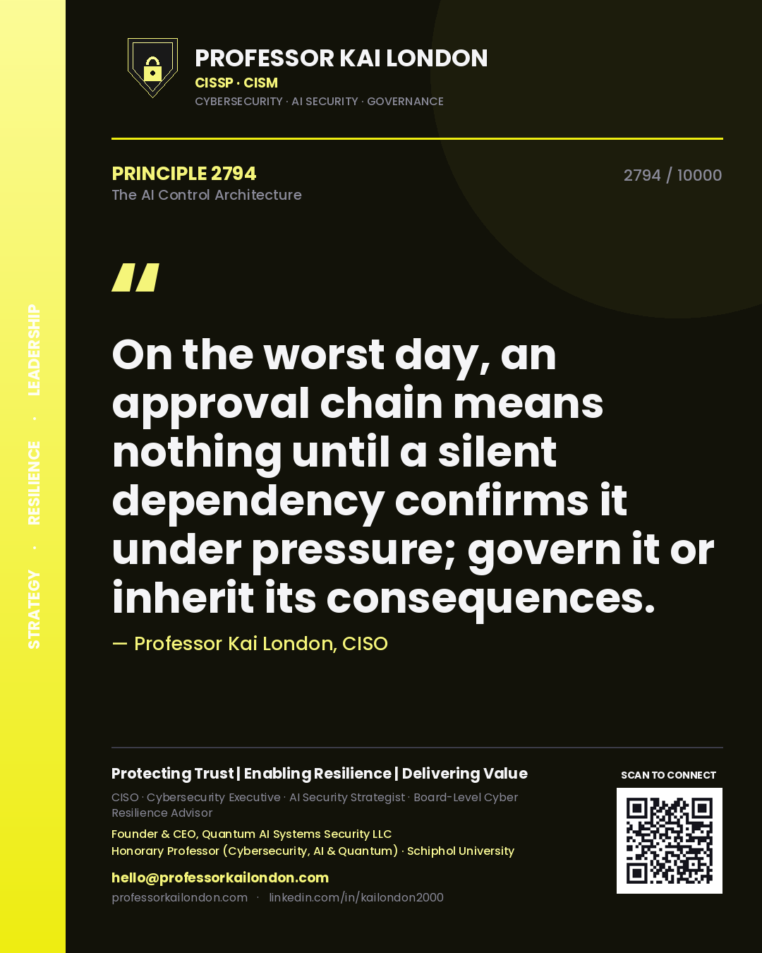 Quote card by Professor Kai London reading 'On the worst day, an approval chain means nothing until a silent dependency confirms it under pressure; govern it or inherit its consequences.'. From the book The AI Control Architecture.