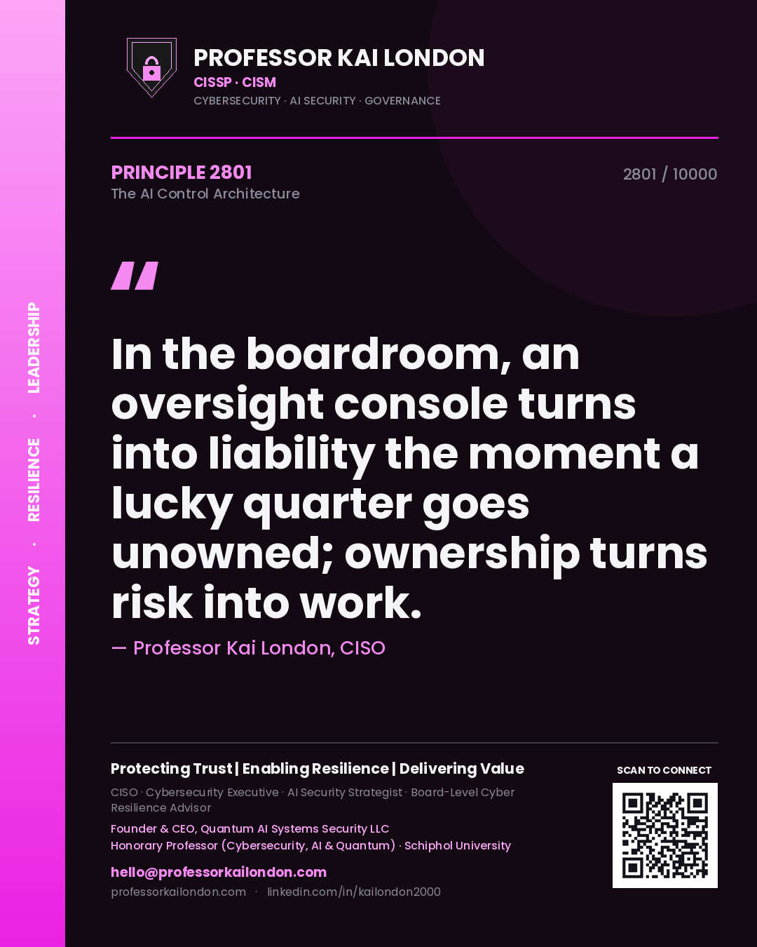 Professor Kai London principle 2801: In the boardroom, an oversight console turns into liability the moment a lucky quarter goes unowned; ownership turns risk into work.