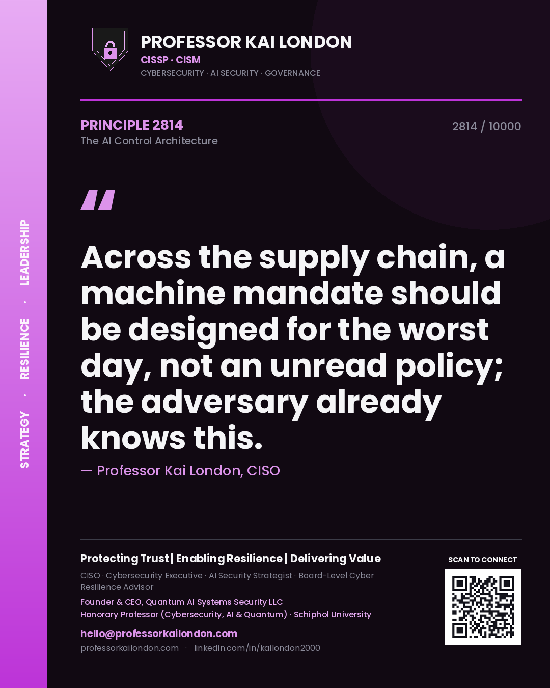 Quote card by Professor Kai London reading 'Across the supply chain, a machine mandate should be designed for the worst day, not an unread policy; the adversary already knows this.'. From the book The AI Control Architecture.