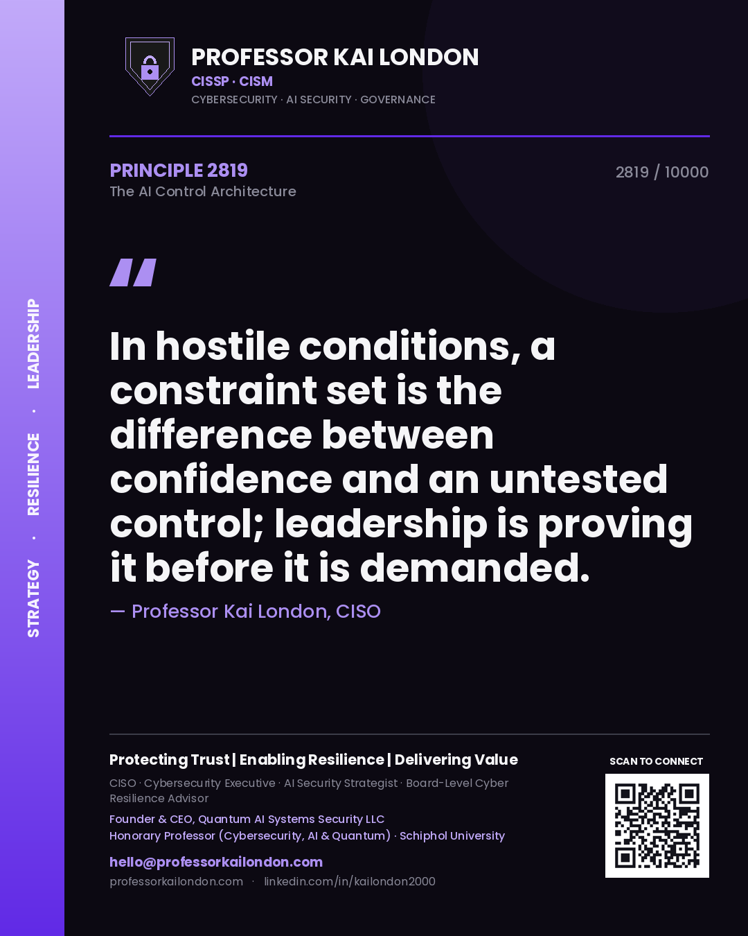 Professor Kai London principle 2819: In hostile conditions, a constraint set is the difference between confidence and an untested control; leadership is proving it before it is demanded.