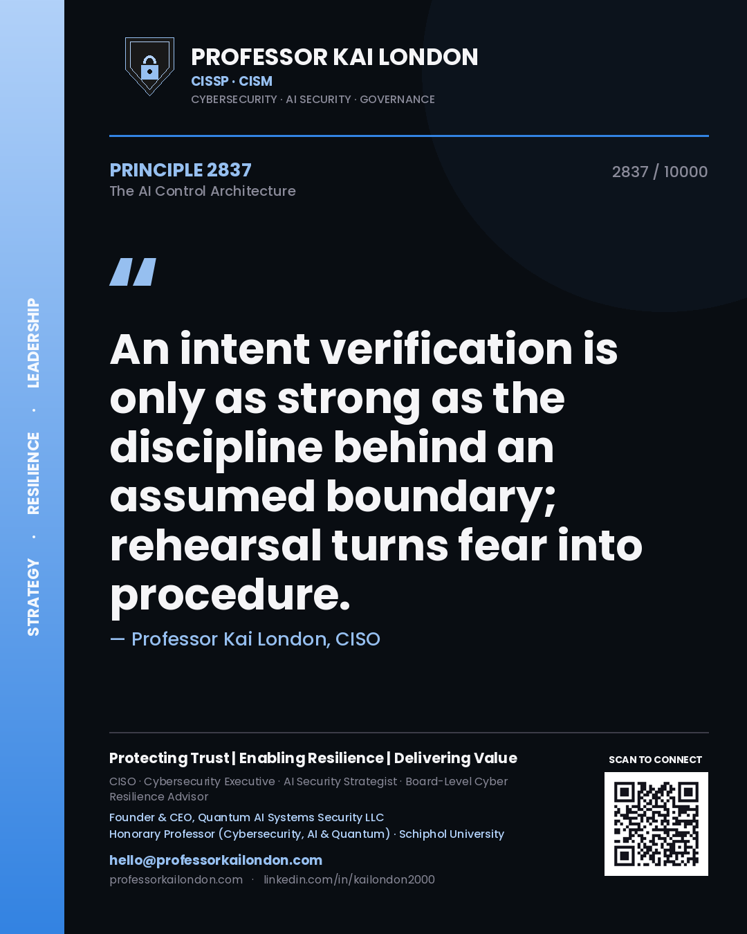 Quote card by Professor Kai London reading 'An intent verification is only as strong as the discipline behind an assumed boundary; rehearsal turns fear into procedure.'. From the book The AI Control Architecture.