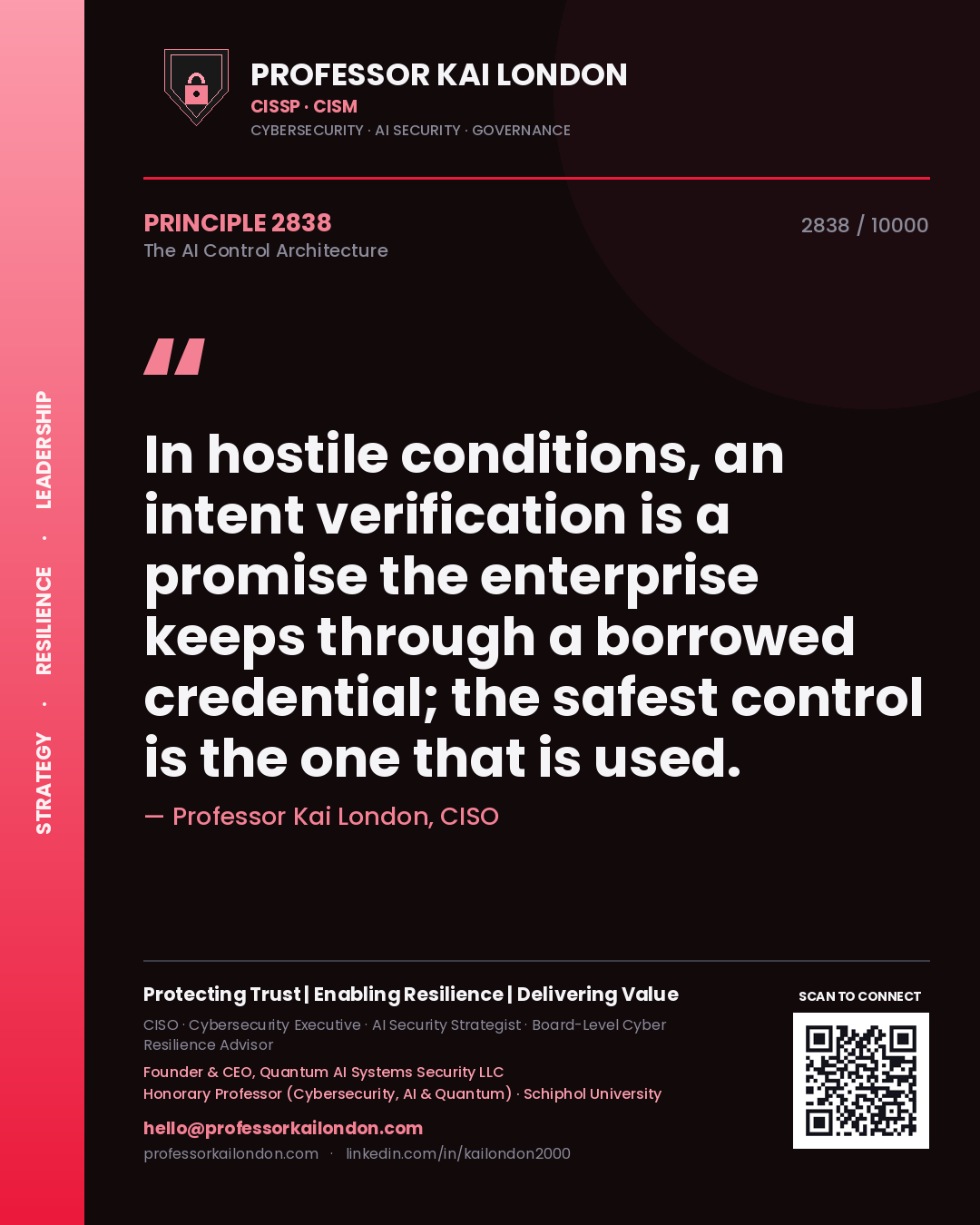 Quote card by Professor Kai London reading 'In hostile conditions, an intent verification is a promise the enterprise keeps through a borrowed credential; the safest control is the one that is used.'. From the book The AI Control Architecture.