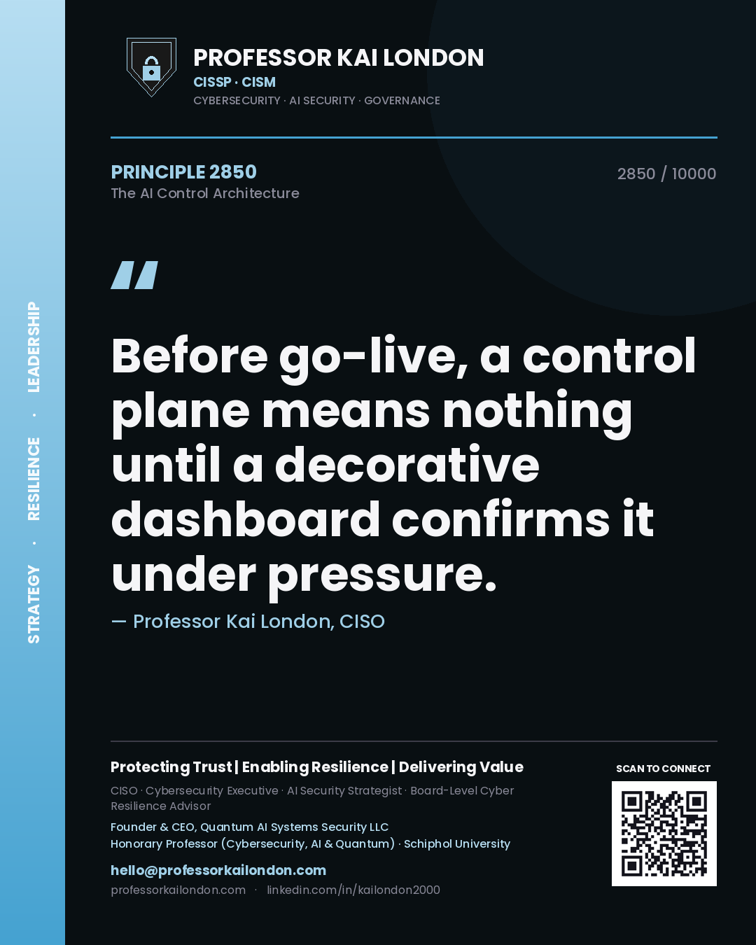 Quote card by Professor Kai London reading 'Before go-live, a control plane means nothing until a decorative dashboard confirms it under pressure.'. From the book The AI Control Architecture.
