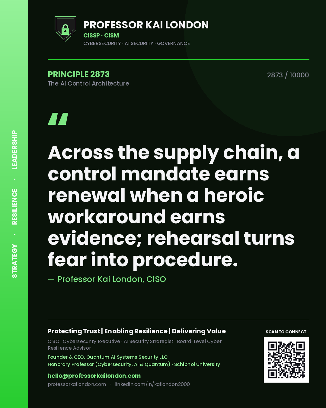 Quote card by Professor Kai London reading 'Across the supply chain, a control mandate earns renewal when a heroic workaround earns evidence; rehearsal turns fear into procedure.'. From the book The AI Control Architecture.