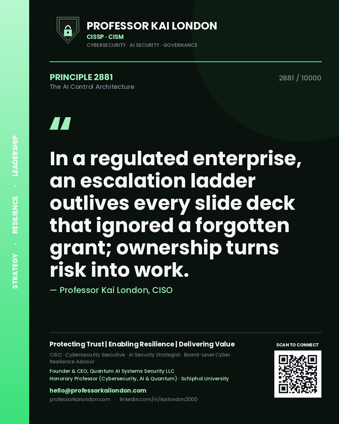 Quote card by Professor Kai London reading 'In a regulated enterprise, an escalation ladder outlives every slide deck that ignored a forgotten grant; ownership turns risk into work.'. From the book The AI Control Architecture.