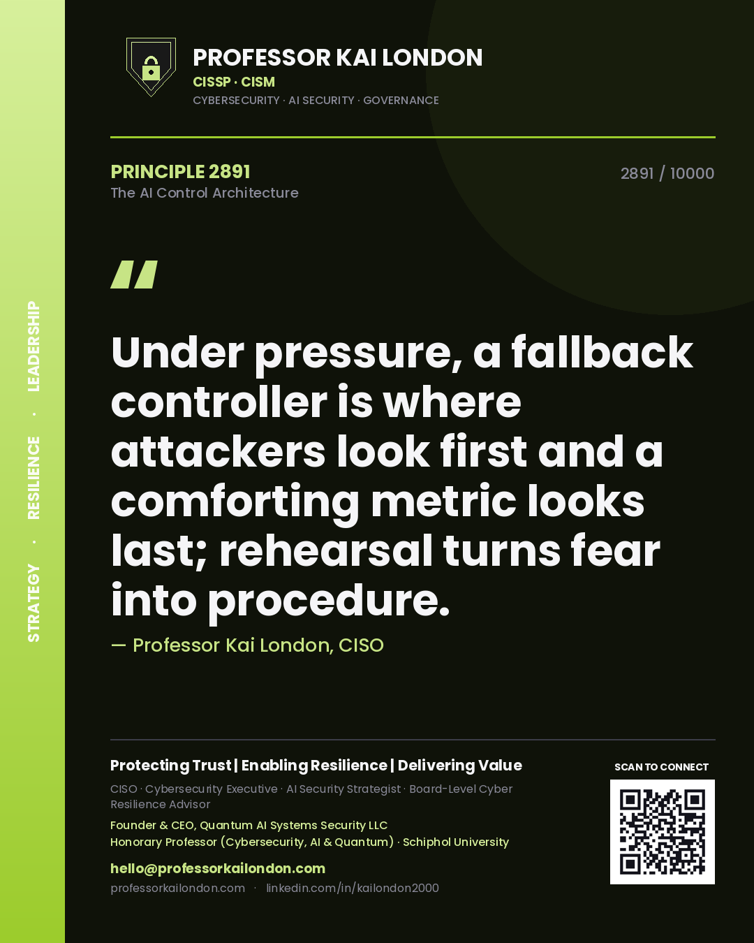 Quote card by Professor Kai London reading 'Under pressure, a fallback controller is where attackers look first and a comforting metric looks last; rehearsal turns fear into procedure.'. From the book The AI Control Architecture.