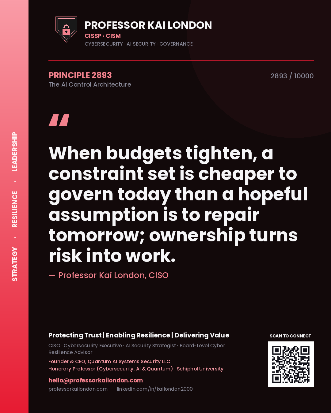 Quote card by Professor Kai London reading 'When budgets tighten, a constraint set is cheaper to govern today than a hopeful assumption is to repair tomorrow; ownership turns risk into work.'. From the book The AI Control Architecture.