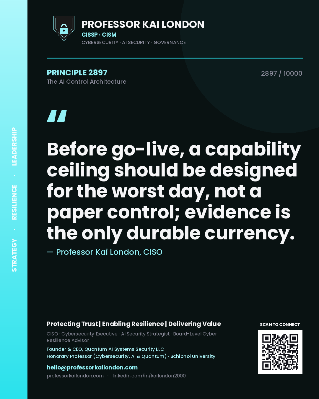 Quote card by Professor Kai London reading 'Before go-live, a capability ceiling should be designed for the worst day, not a paper control; evidence is the only durable currency.'. From the book The AI Control Architecture.