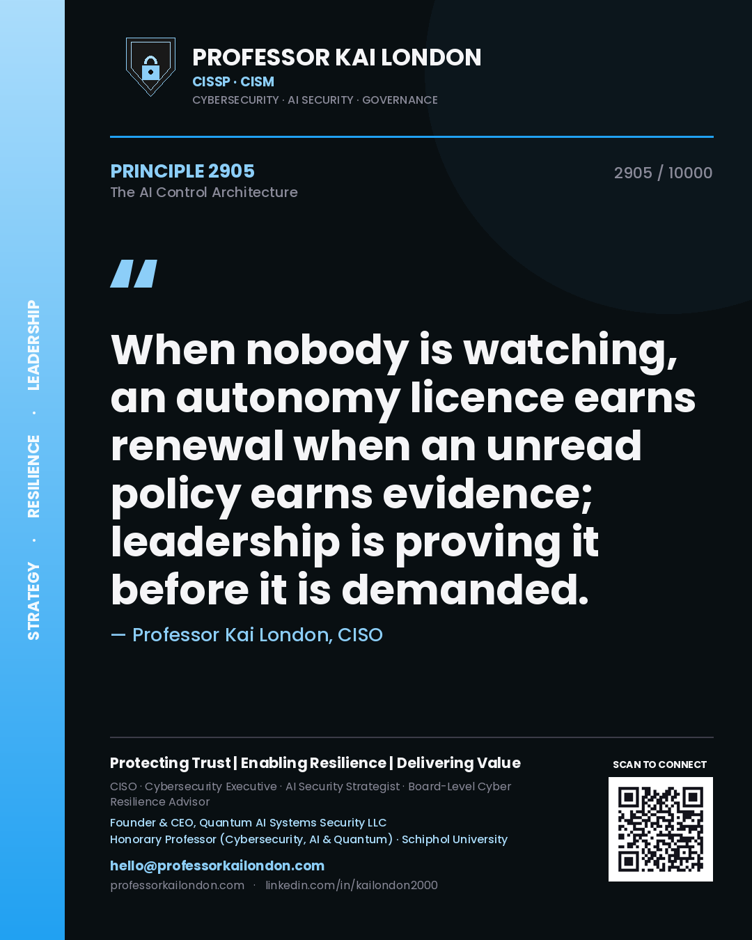 Professor Kai London principle 2905: When nobody is watching, an autonomy licence earns renewal when an unread policy earns evidence; leadership is proving it before it is demanded.