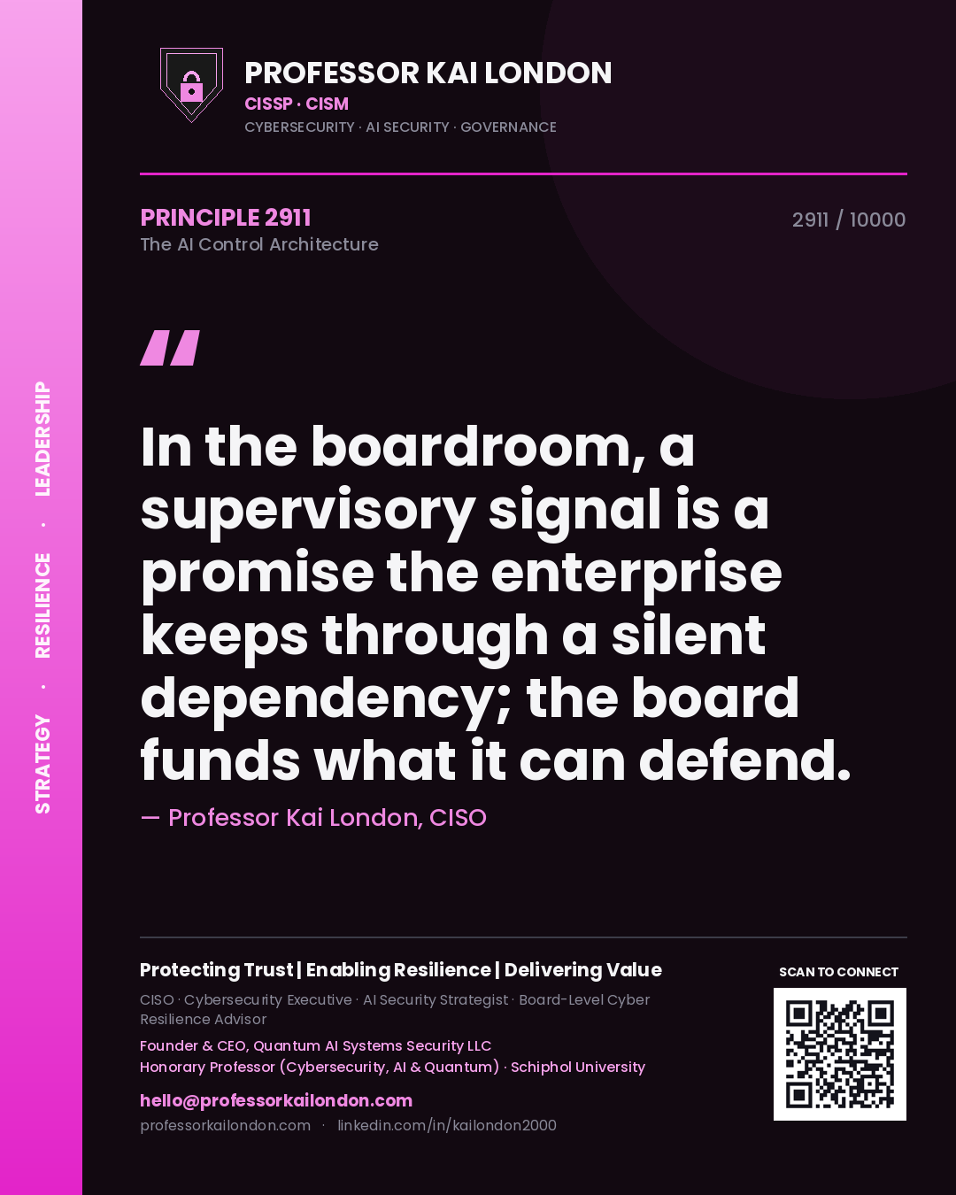 Quote card by Professor Kai London reading 'In the boardroom, a supervisory signal is a promise the enterprise keeps through a silent dependency; the board funds what it can defend.'. From the book The AI Control Architecture.