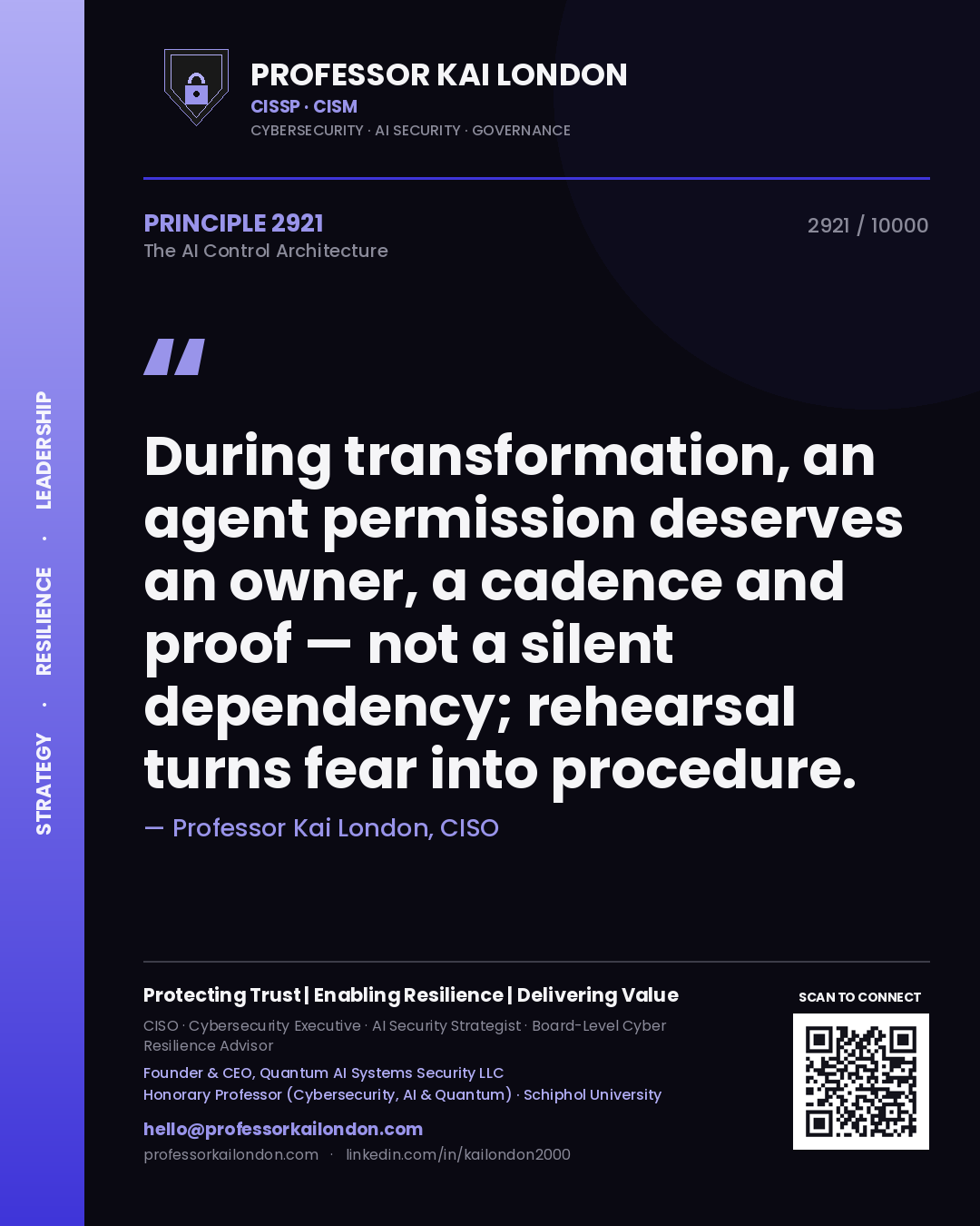 Quote card by Professor Kai London reading 'During transformation, an agent permission deserves an owner, a cadence and proof — not a silent dependency; rehearsal turns fear into procedure.'. From the book The AI Control Architecture.