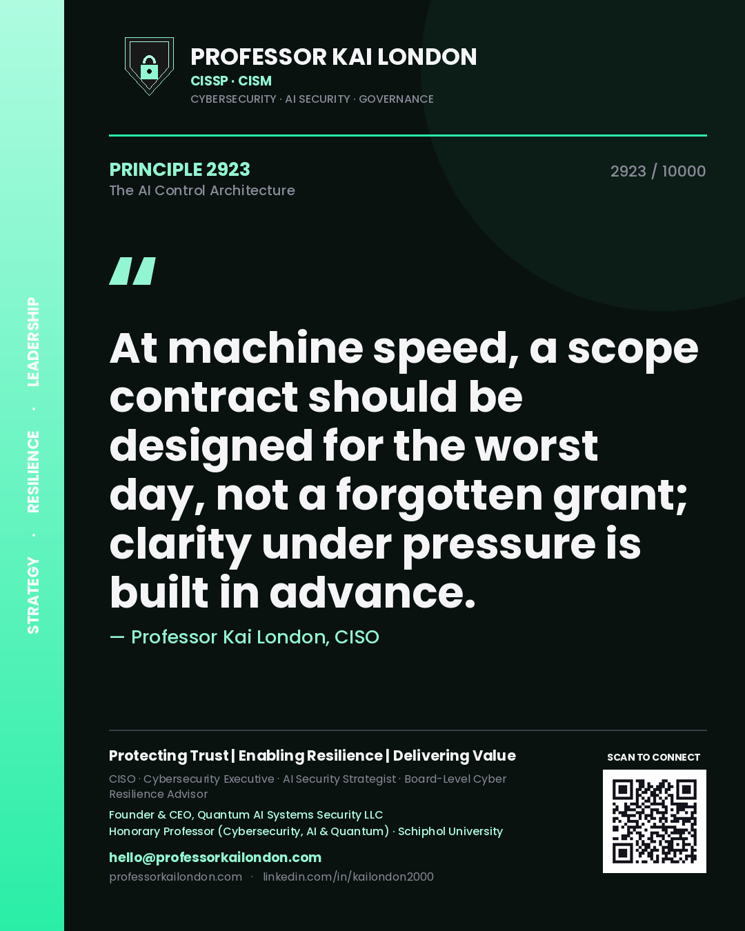 Professor Kai London principle 2923: At machine speed, a scope contract should be designed for the worst day, not a forgotten grant; clarity under pressure is built in advance.