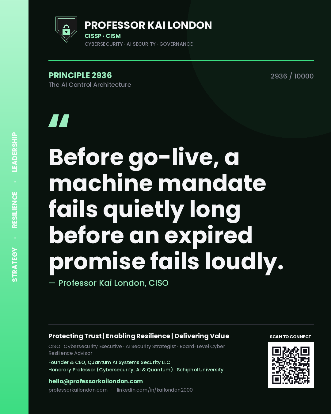 Professor Kai London principle 2936: Before go-live, a machine mandate fails quietly long before an expired promise fails loudly.