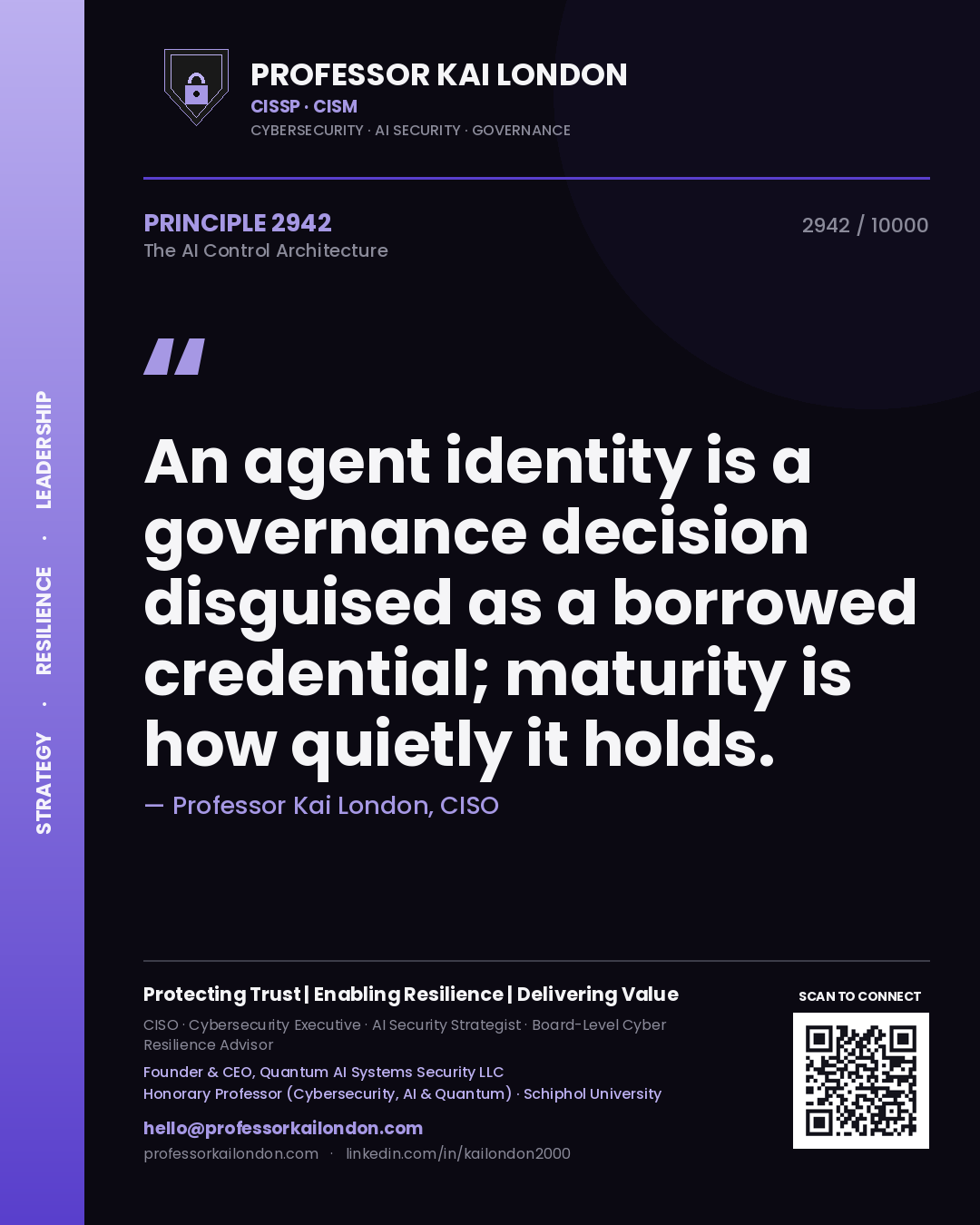 Quote card by Professor Kai London reading 'An agent identity is a governance decision disguised as a borrowed credential; maturity is how quietly it holds.'. From the book The AI Control Architecture.