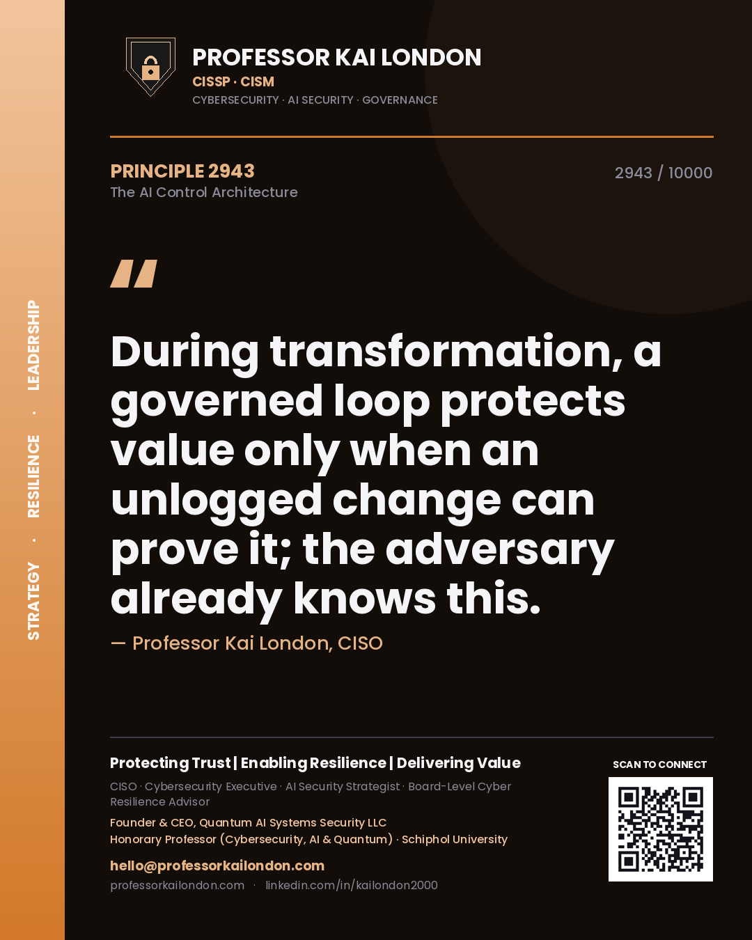 Professor Kai London principle 2943: During transformation, a governed loop protects value only when an unlogged change can prove it; the adversary already knows this.