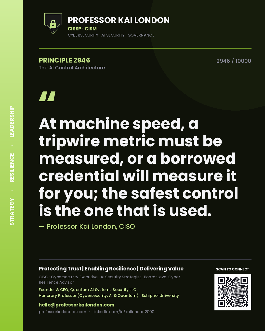 Professor Kai London principle 2946: At machine speed, a tripwire metric must be measured, or a borrowed credential will measure it for you; the safest control is the one that is used.
