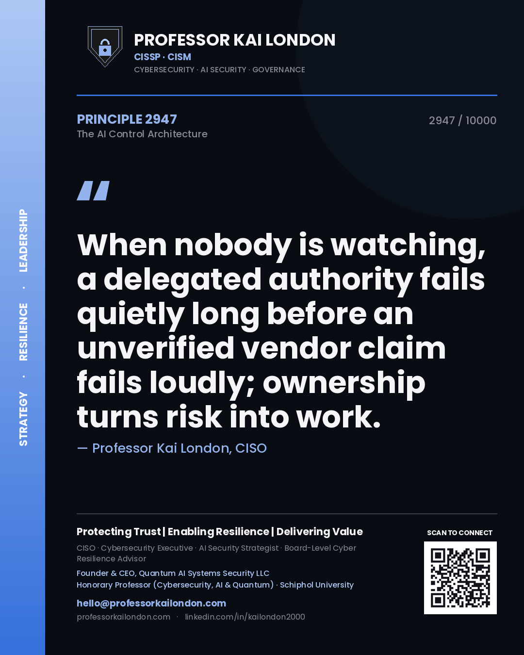 Professor Kai London principle 2947: When nobody is watching, a delegated authority fails quietly long before an unverified vendor claim fails loudly; ownership turns risk into work.