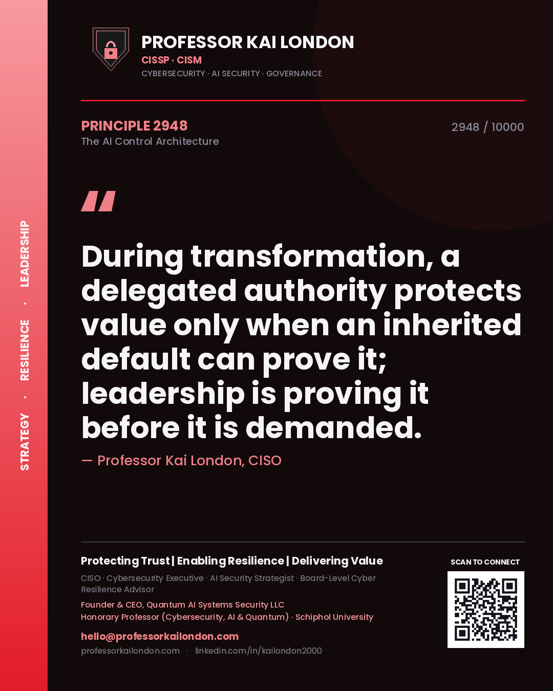 Professor Kai London principle 2948: During transformation, a delegated authority protects value only when an inherited default can prove it; leadership is proving it before it is demanded.