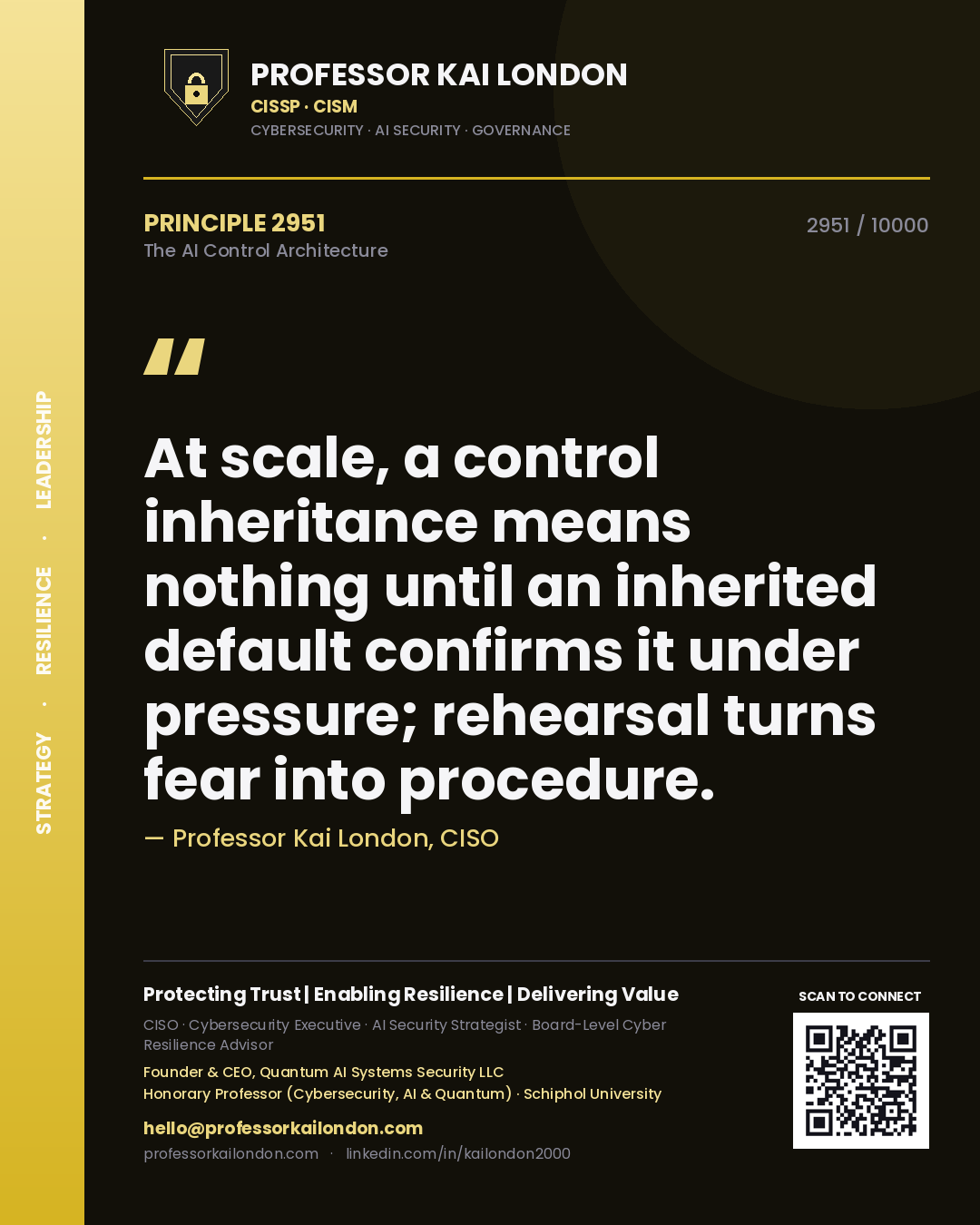 Quote card by Professor Kai London reading 'At scale, a control inheritance means nothing until an inherited default confirms it under pressure; rehearsal turns fear into procedure.'. From the book The AI Control Architecture.
