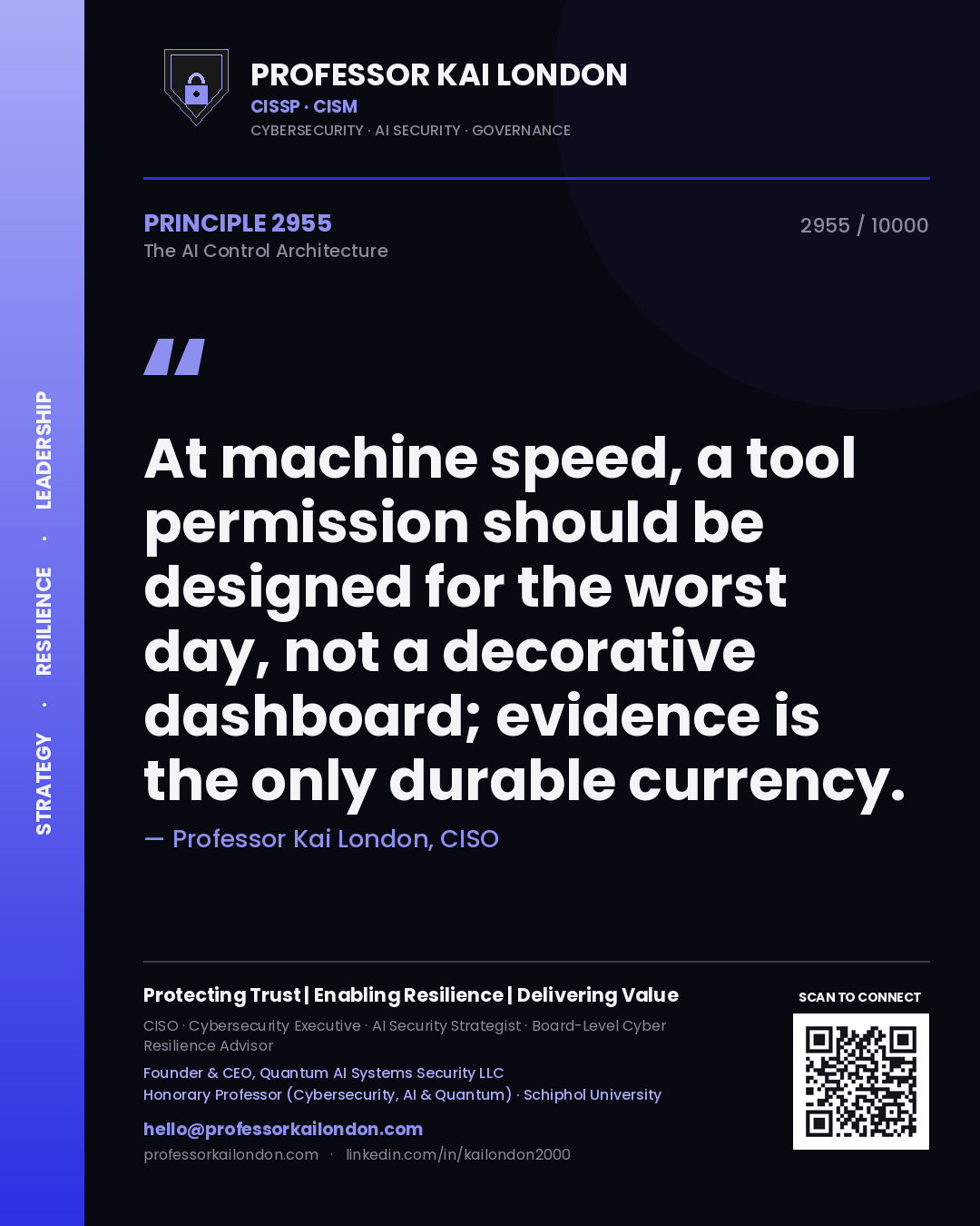 Quote card by Professor Kai London reading 'At machine speed, a tool permission should be designed for the worst day, not a decorative dashboard; evidence is the only durable currency.'. From the book The AI Control Architecture.