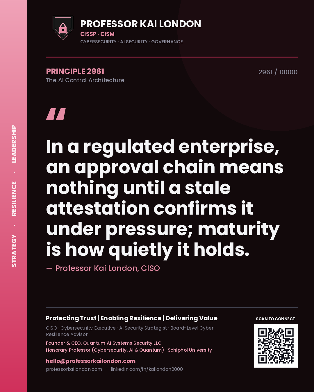 Quote card by Professor Kai London reading 'In a regulated enterprise, an approval chain means nothing until a stale attestation confirms it under pressure; maturity is how quietly it holds.'. From the book The AI Control Architecture.