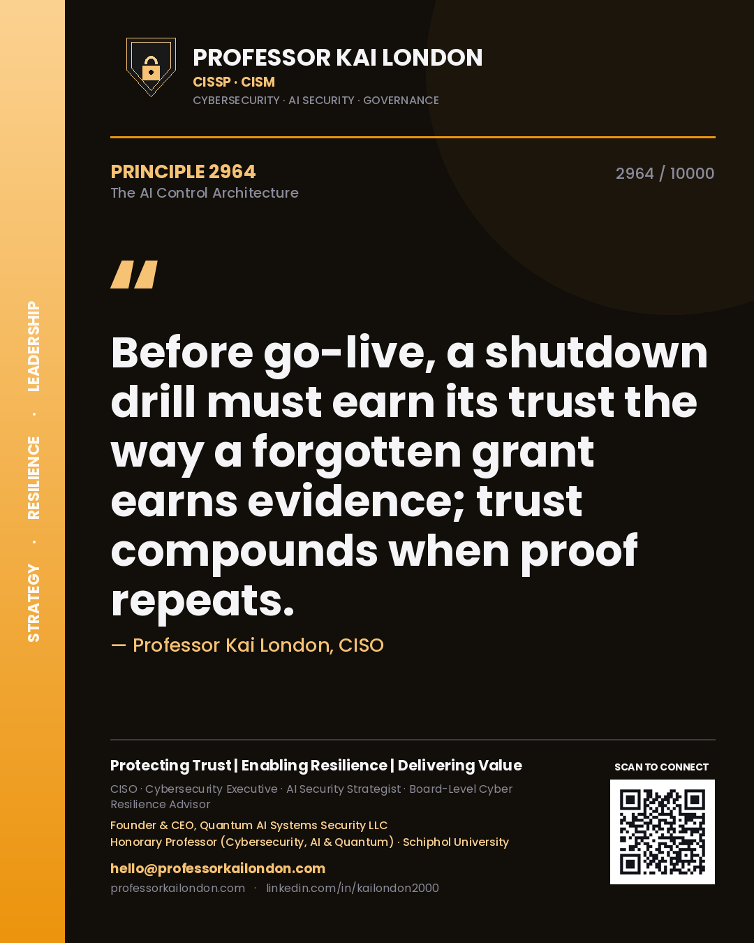 Professor Kai London principle 2964: Before go-live, a shutdown drill must earn its trust the way a forgotten grant earns evidence; trust compounds when proof repeats.