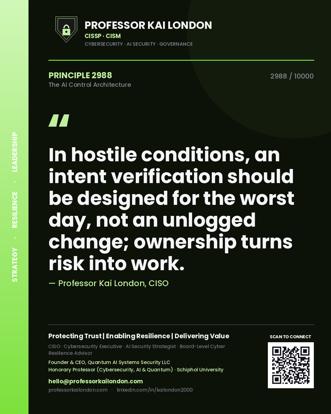 Quote card by Professor Kai London reading 'In hostile conditions, an intent verification should be designed for the worst day, not an unlogged change; ownership turns risk into work.'. From the book The AI Control Architecture.