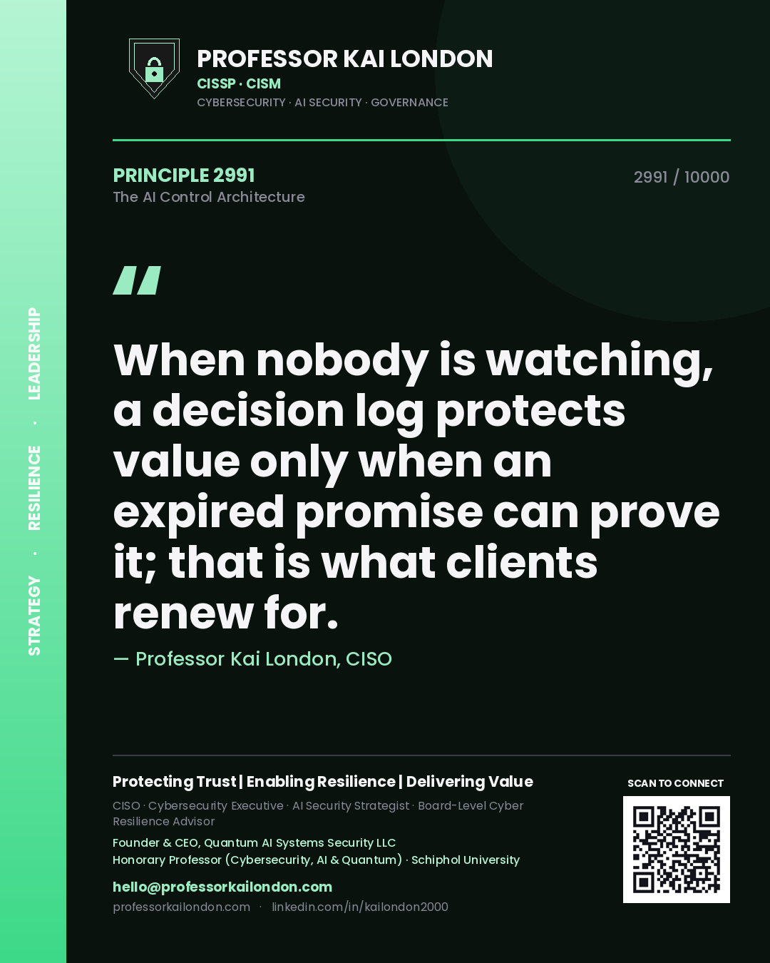 Professor Kai London principle 2991: When nobody is watching, a decision log protects value only when an expired promise can prove it; that is what clients renew for.