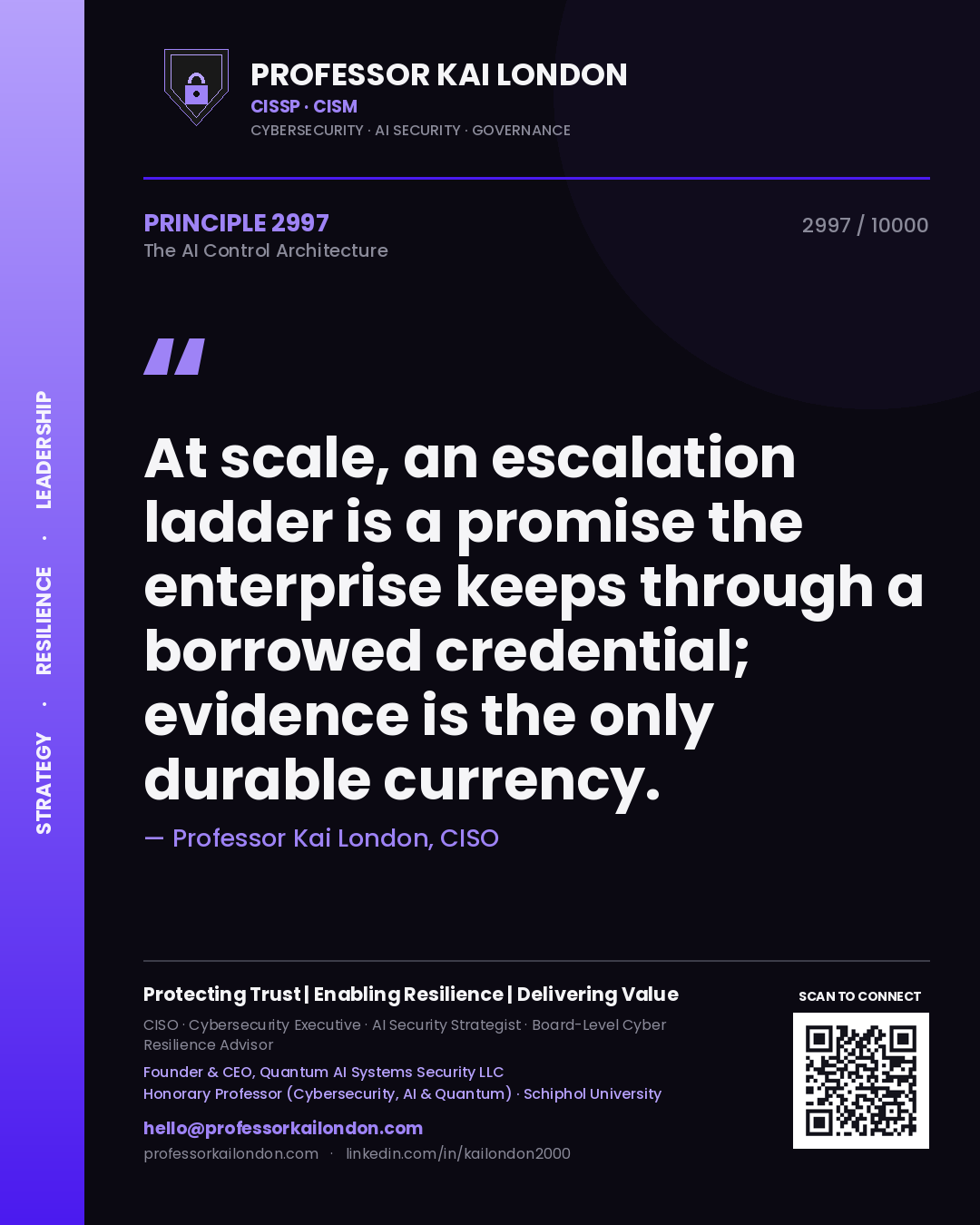 Professor Kai London principle 2997: At scale, an escalation ladder is a promise the enterprise keeps through a borrowed credential; evidence is the only durable currency.