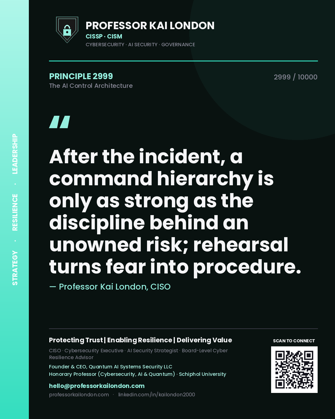 Professor Kai London principle 2999: After the incident, a command hierarchy is only as strong as the discipline behind an unowned risk; rehearsal turns fear into procedure.