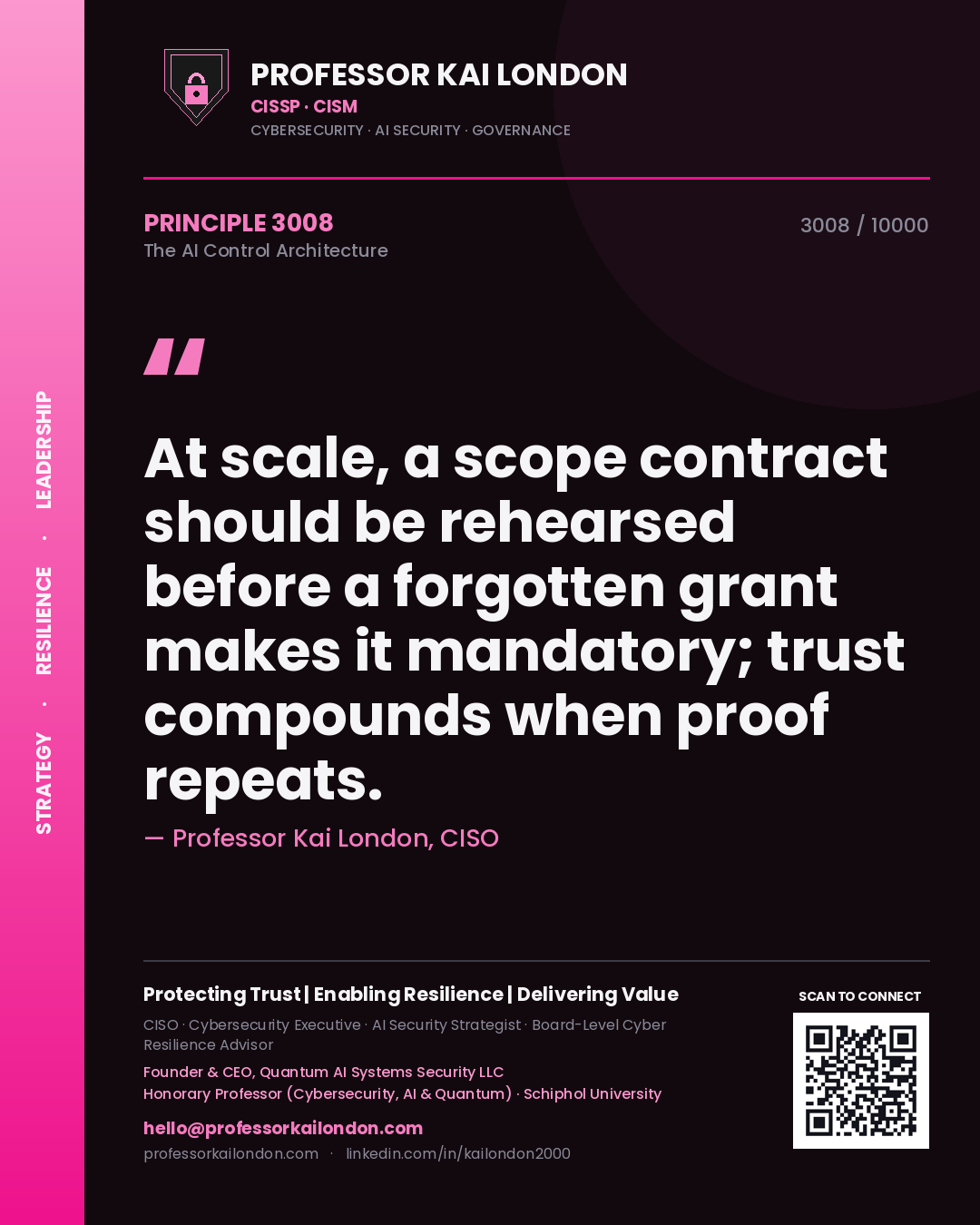 Professor Kai London principle 3008: At scale, a scope contract should be rehearsed before a forgotten grant makes it mandatory; trust compounds when proof repeats.