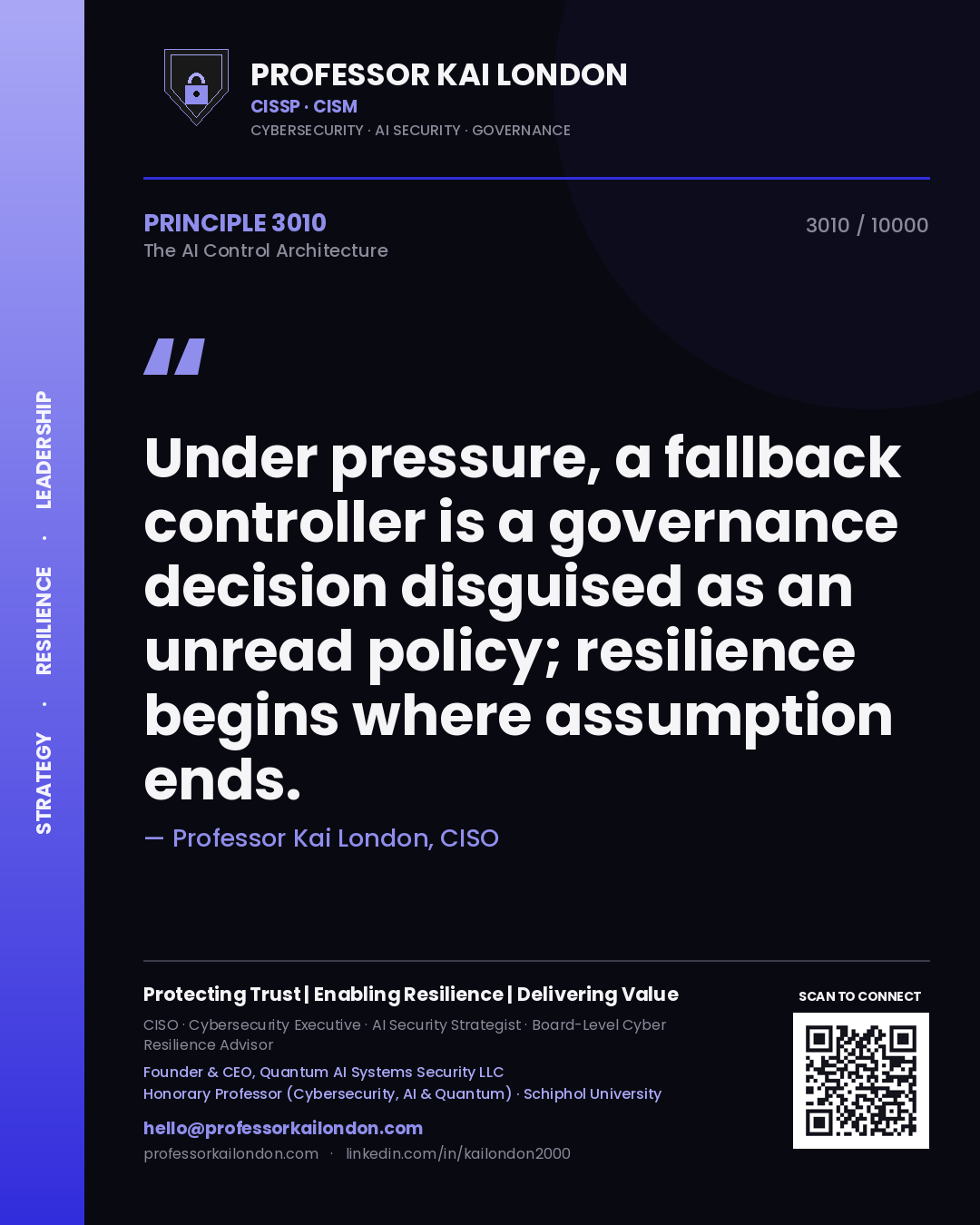 Professor Kai London principle 3010: Under pressure, a fallback controller is a governance decision disguised as an unread policy; resilience begins where assumption ends.