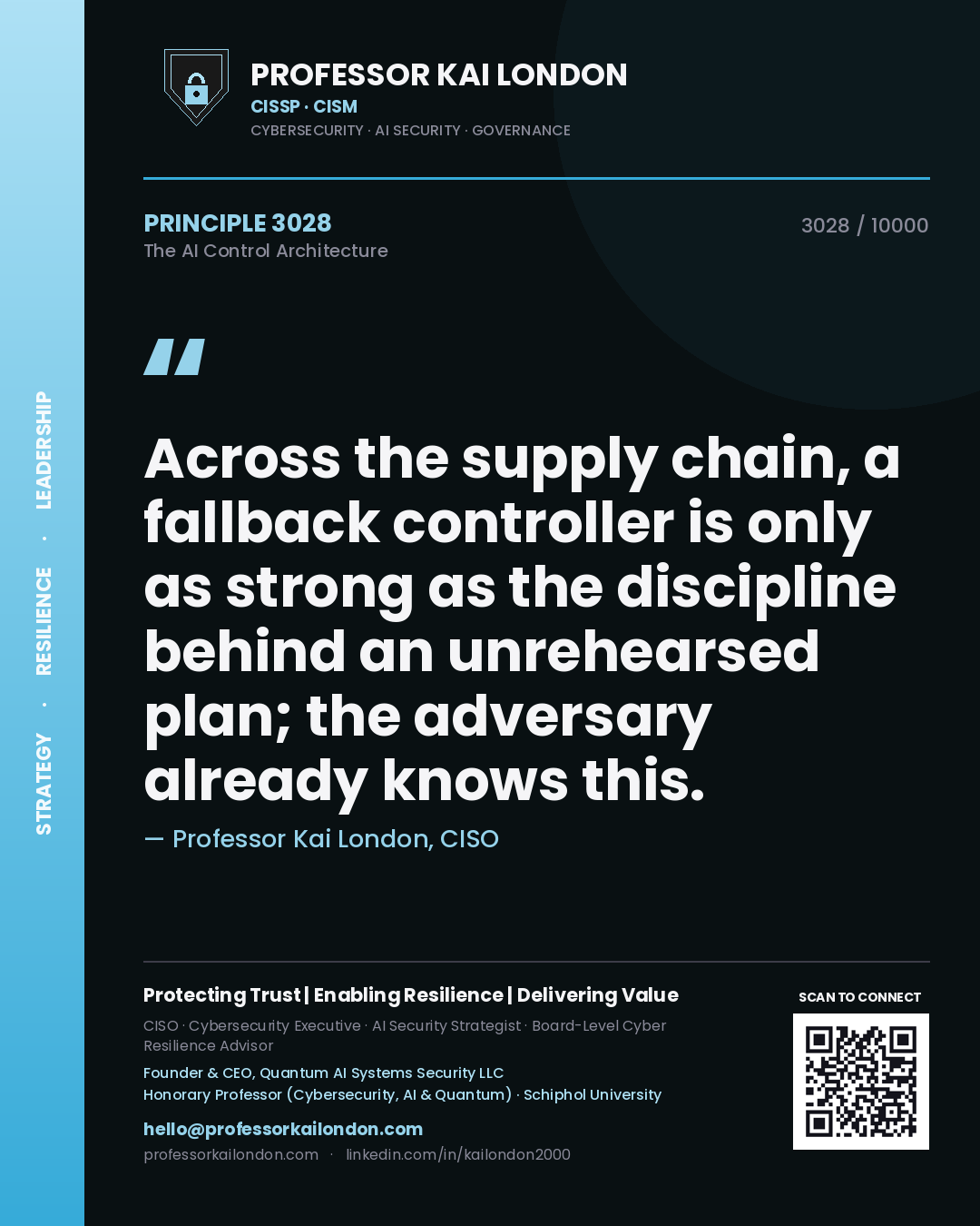 Professor Kai London principle 3028: Across the supply chain, a fallback controller is only as strong as the discipline behind an unrehearsed plan; the adversary already knows this.