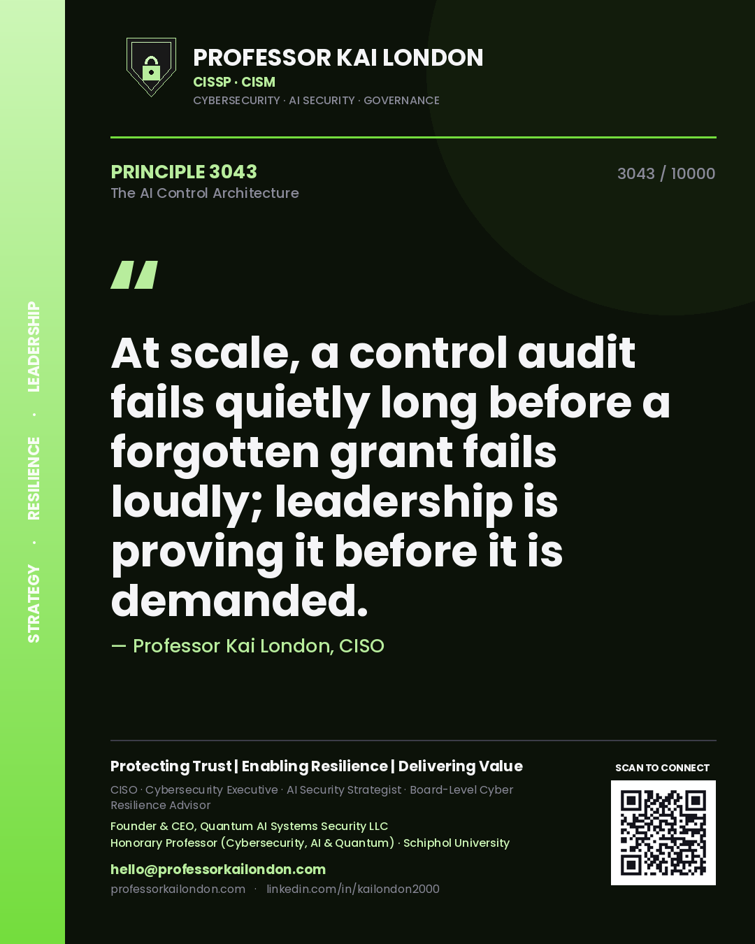 Quote card by Professor Kai London reading 'At scale, a control audit fails quietly long before a forgotten grant fails loudly; leadership is proving it before it is demanded.'. From the book The AI Control Architecture.