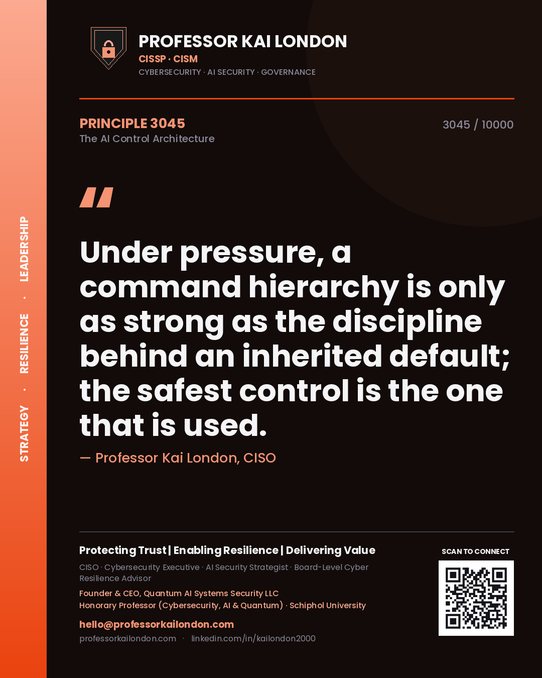 Professor Kai London principle 3045: Under pressure, a command hierarchy is only as strong as the discipline behind an inherited default; the safest control is the one that is used.
