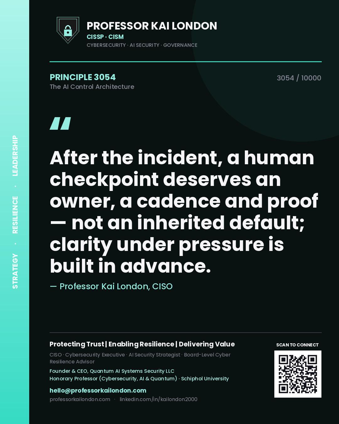 Quote card by Professor Kai London reading 'After the incident, a human checkpoint deserves an owner, a cadence and proof — not an inherited default; clarity under pressure is built in advance.'. From the book The AI Control Architecture.