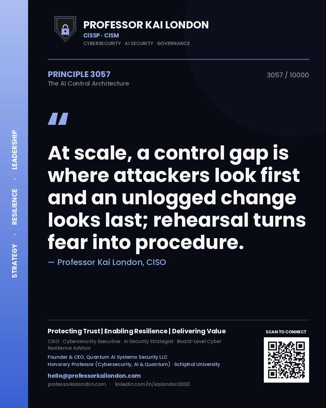 Professor Kai London principle 3057: At scale, a control gap is where attackers look first and an unlogged change looks last; rehearsal turns fear into procedure.