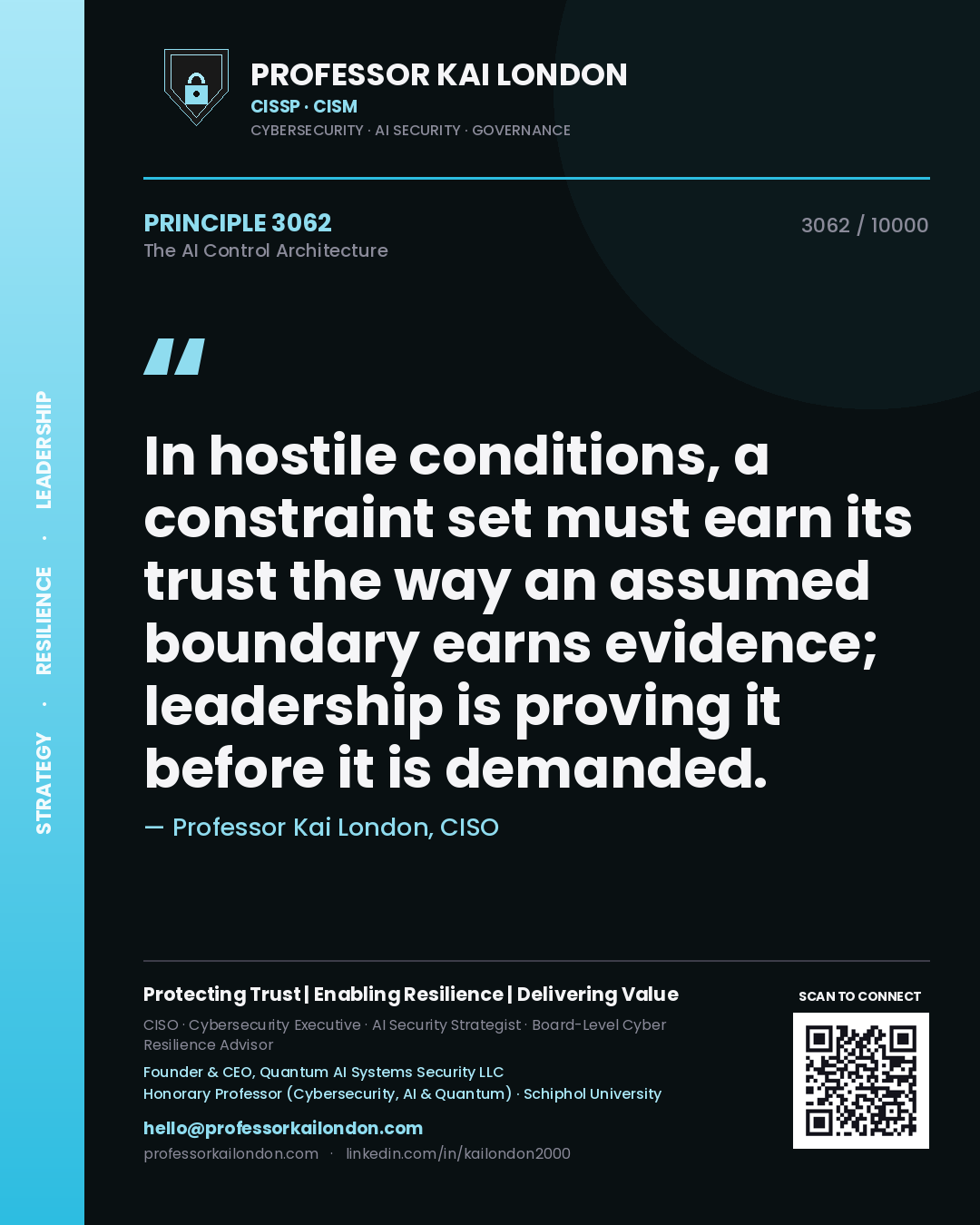 Professor Kai London principle 3062: In hostile conditions, a constraint set must earn its trust the way an assumed boundary earns evidence; leadership is proving it before it is demanded.