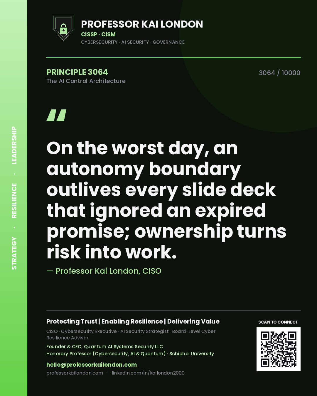 Professor Kai London principle 3064: On the worst day, an autonomy boundary outlives every slide deck that ignored an expired promise; ownership turns risk into work.