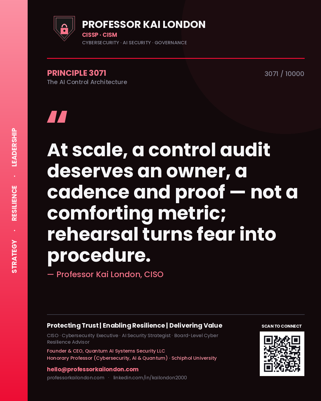 Professor Kai London principle 3071: At scale, a control audit deserves an owner, a cadence and proof — not a comforting metric; rehearsal turns fear into procedure.